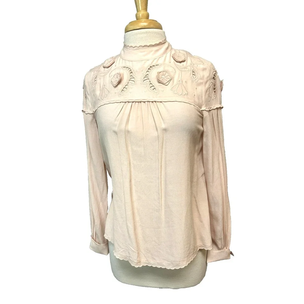 NWT See by Chloe Pullover Blouse Smoky Pink Embroidered Yokes Long Sleeve SZ 36